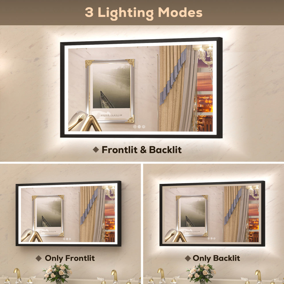 LED Vanity Mirror With Lights Metal Framed Front & Backlit, Dimmable, Black, 40x32
