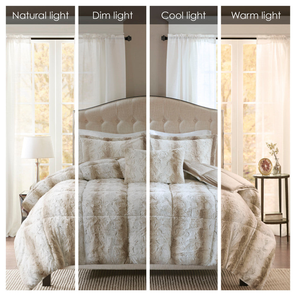 Madison Park Zuri Long Faux Fur 4-Piece Comforter Set, Sand, King