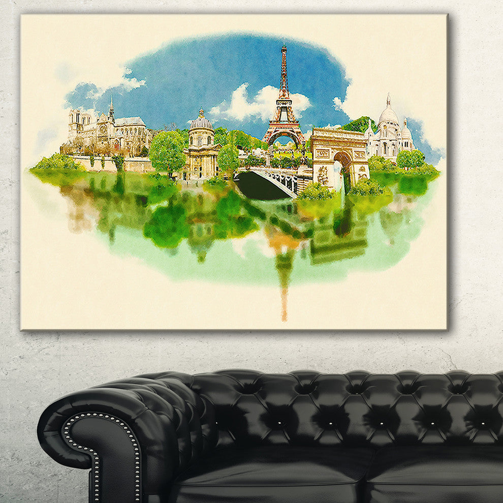 "Paris Panoramic View" Cityscape Watercolor Canvas Print, 40"x30"