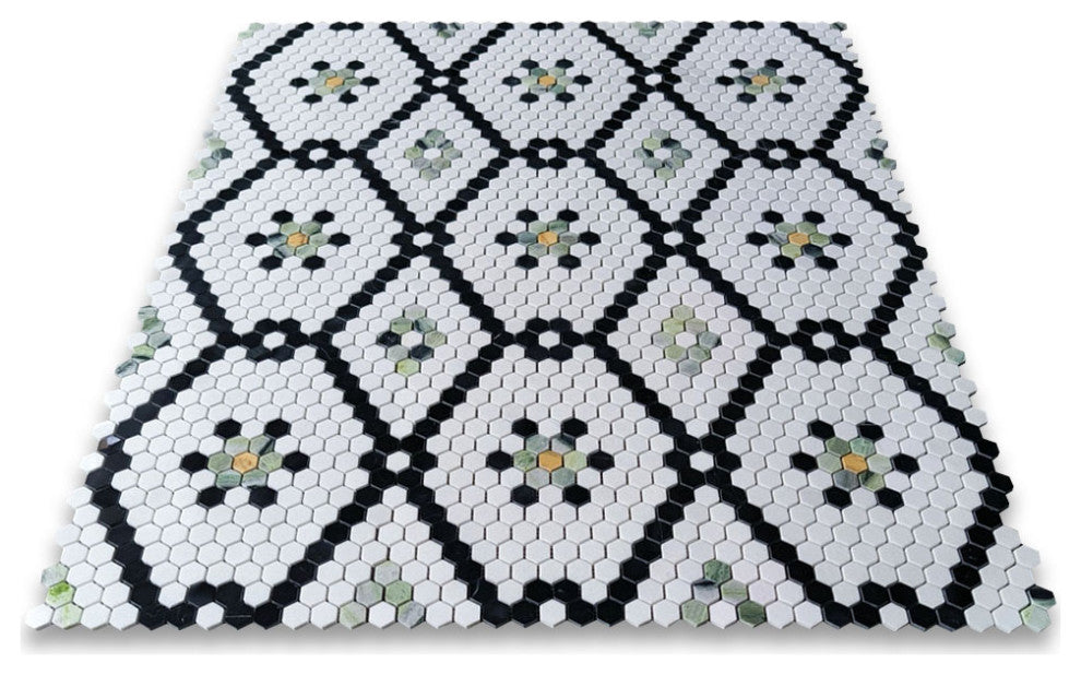 Thassos White Marble Hexagon Historic Snowflake Mosaic Tile Green, 1 sheet