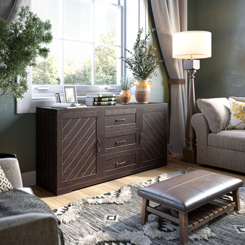 Sideboard, Console Table Or Buffet With Three Drawers & Four Shelves, Espresso