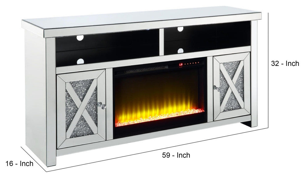Benzara BM269586 TV Stand, Electric Fireplace & Beveled Mirror Framing, Silver