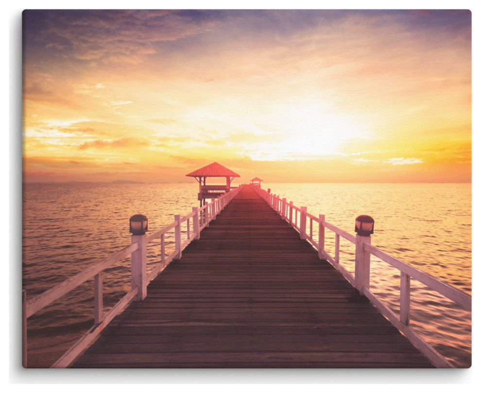 Surreal Wooden Pier at Sunset Landscape Photo Canvas Wall Art Prints, 16" X 20"