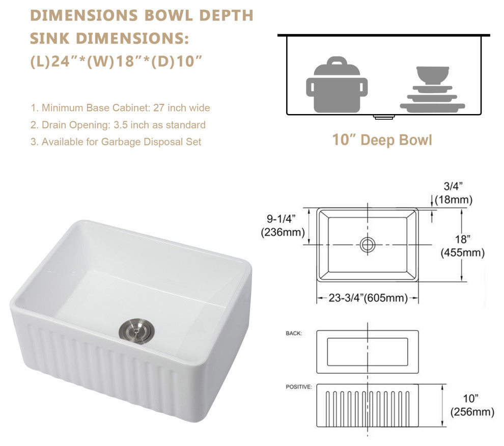 White Farmhouse Ceramic Bar Kitchen Sink Single Bowl Basin 24"