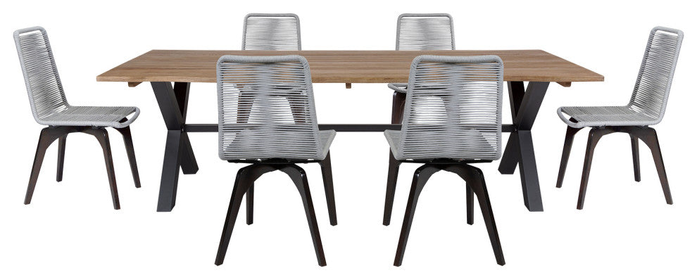 Glendora Island Outdoor Live Edge Dining Set Wood Silver Rope, 7-Piece Set
