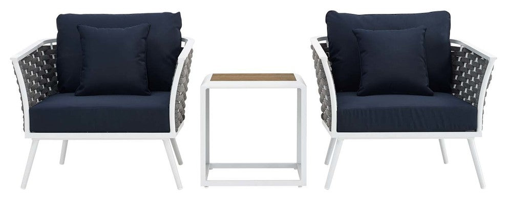 Stance 3 Piece Outdoor Patio Aluminum Sectional Sofa Set, White Navy