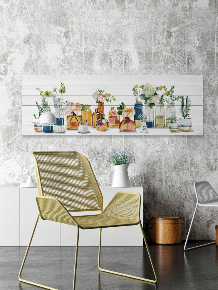 "Lined up Bottles II" Painting Print on White Wood, 60"x20"