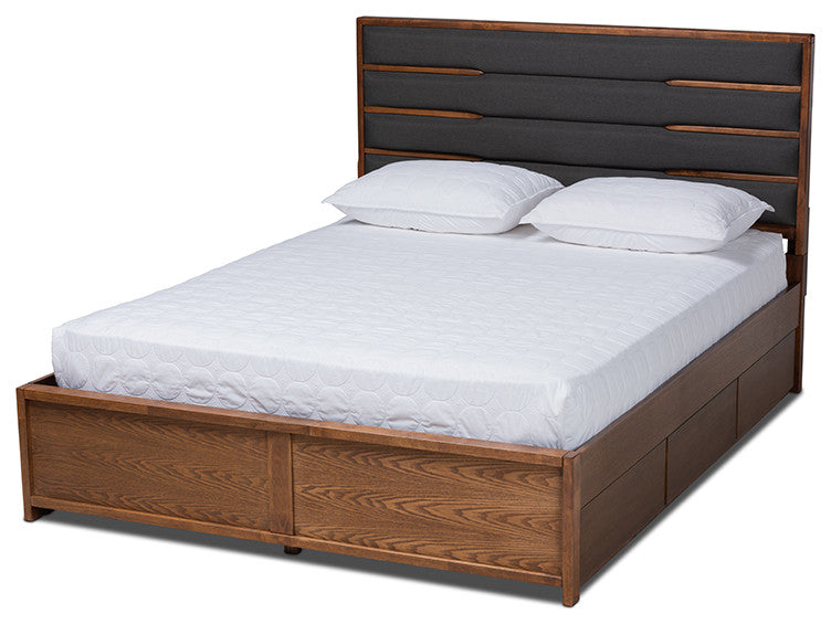 Dark Gray Fabric Walnut Wood King Size Platform Storage Bed With Six Drawers