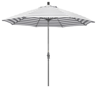 9' Grey Collar Tilt Lift Fiberglass Rib Aluminum Umbrella, Olefin, Gray White Cabana Stripe