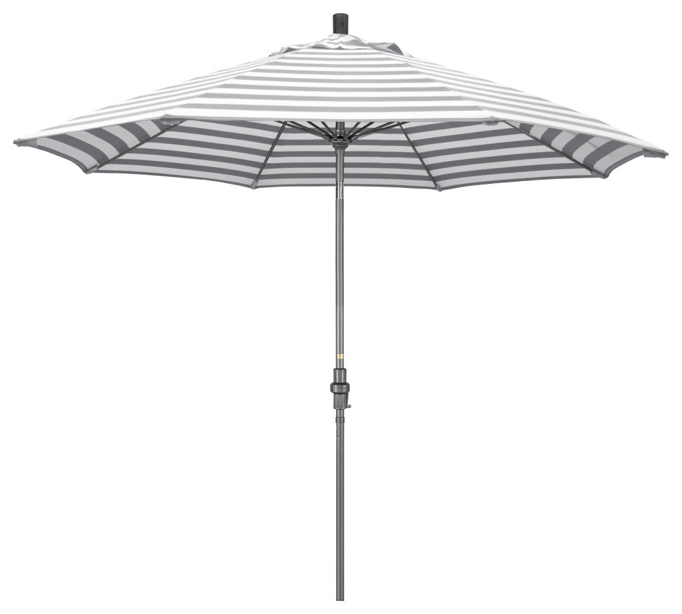 9' Grey Collar Tilt Lift Fiberglass Rib Aluminum Umbrella, Olefin, Gray White Cabana Stripe
