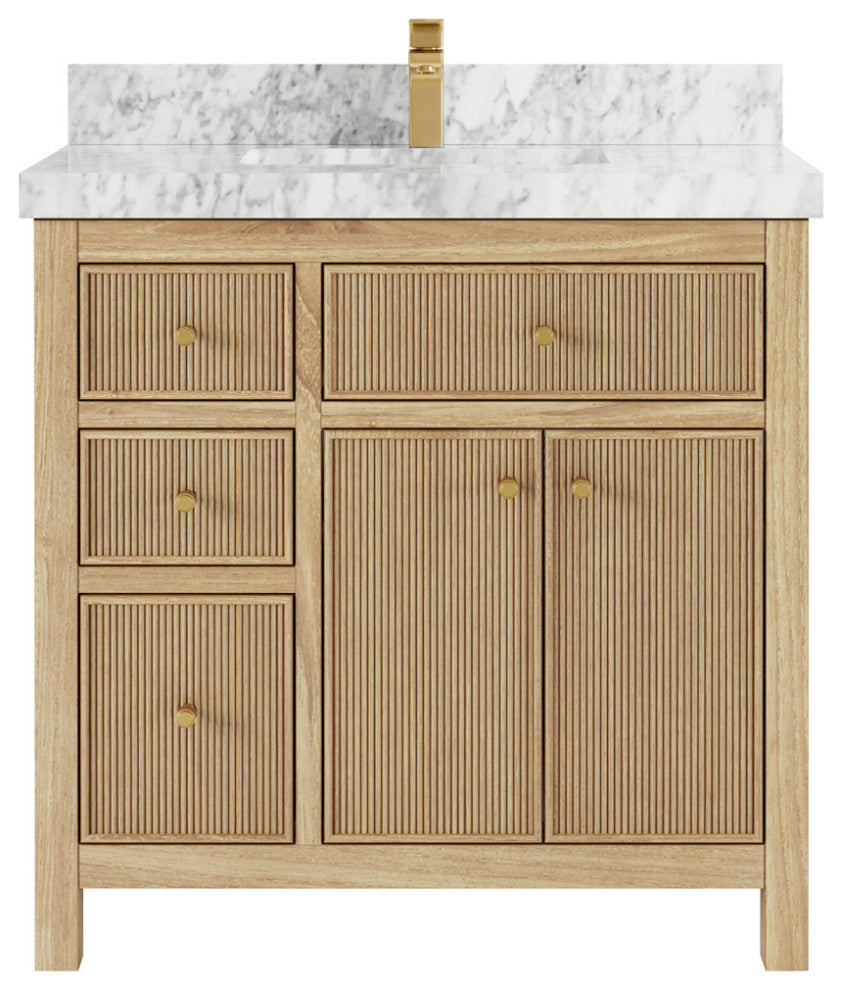 Sonoma 36 Center Sink Bath Vanity in Light Natural Teak with 2" Carrara Marble