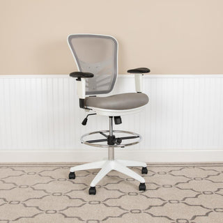 Mesh Drafting Chair With Adjustable Foot Ring and Arms, Light Gray Mesh/White Fr