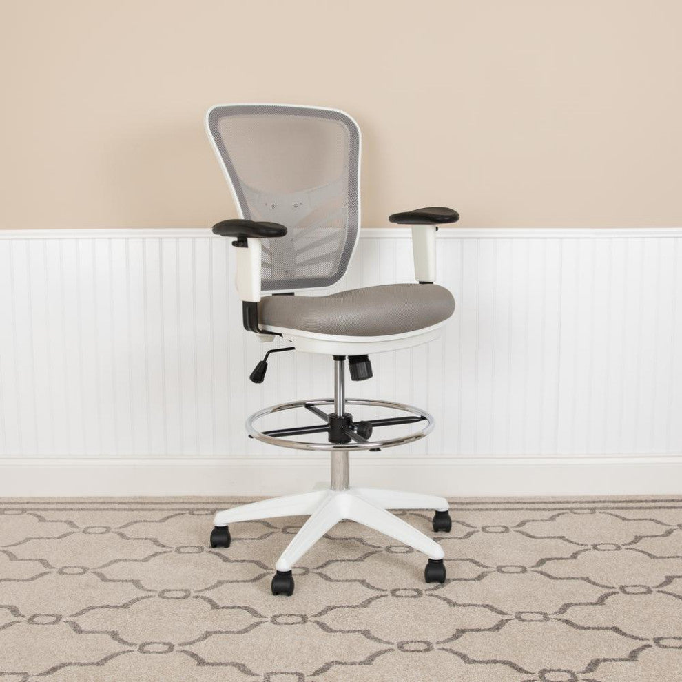 Mesh Drafting Chair With Adjustable Foot Ring and Arms, Light Gray Mesh/White Fr