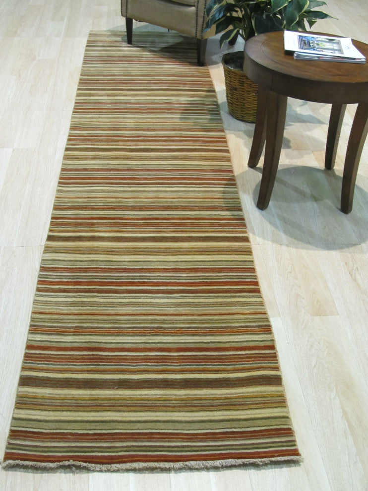 Orange/green Striped Handmade Wool Rug, 2' X 12'