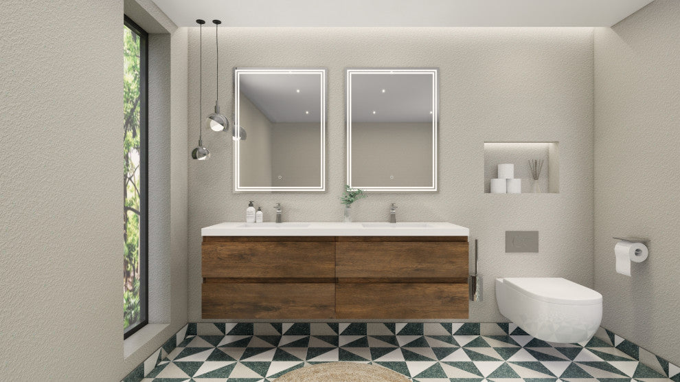 Belli 72" Double Sink Wall Mount Vanity Set, Rosewood, Glossy White Top