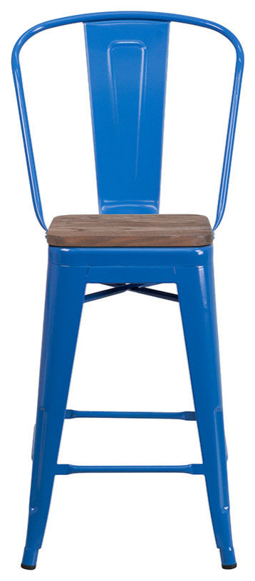 24" High Blue Metal Counter Height Stool With Back and Wood Seat