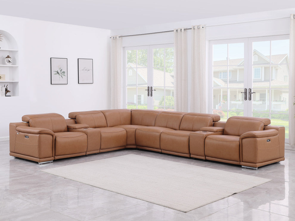 Federico 8-Piece L-Shaped Italian Leather Sectional, 4 Power Recliners, Cognac