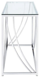Glass Top Rectangular Sofa Table with Swooping  Curves, Clear and Silver