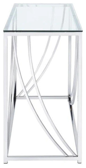 Glass Top Rectangular Sofa Table with Swooping  Curves, Clear and Silver