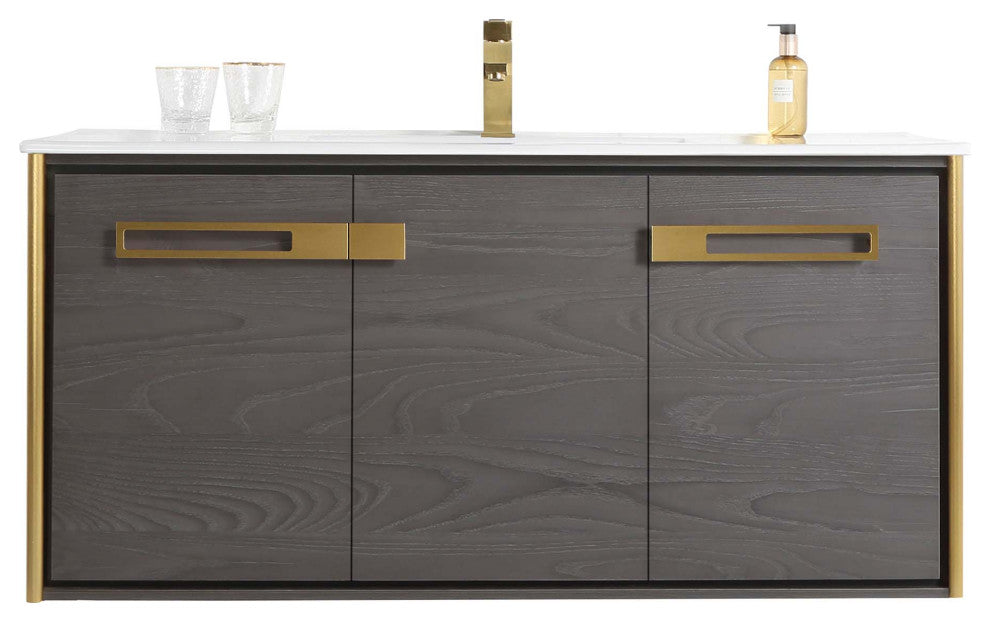 Oakville Wall Mount Bathroom Vanity, Black Coal Oak, 48", Satin Brass Hardware