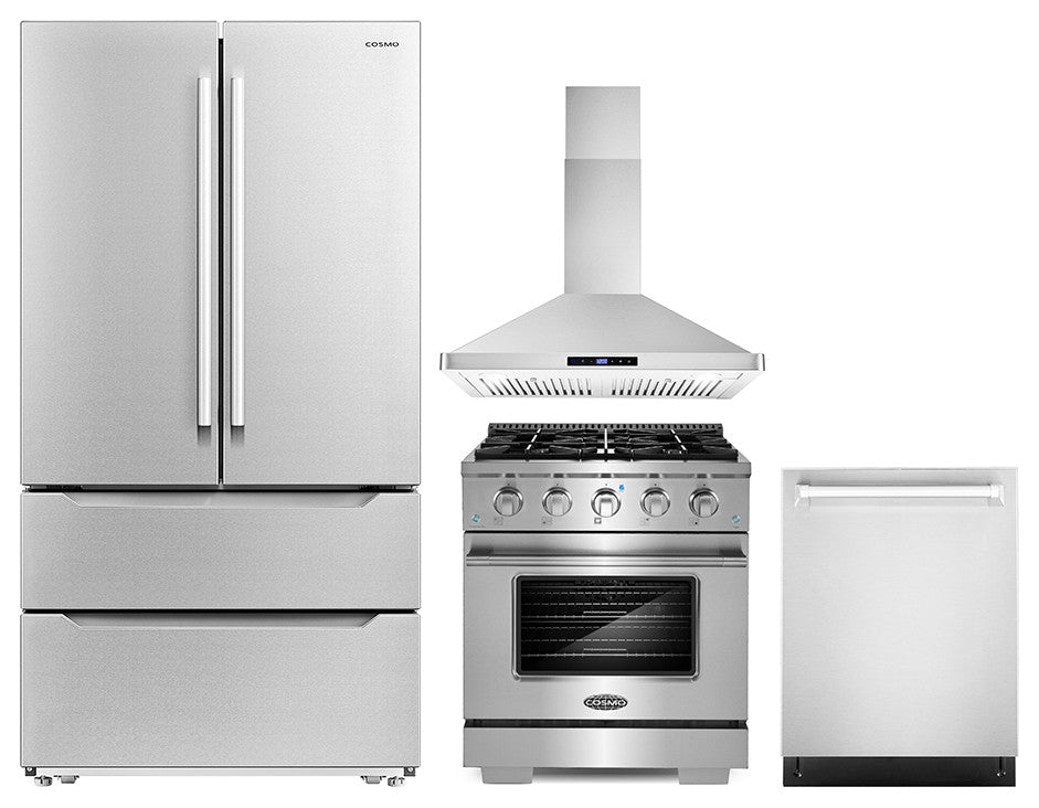 4 Piece, 30" Range 30" Range Hood 24" Dishwasher & Refrigerator