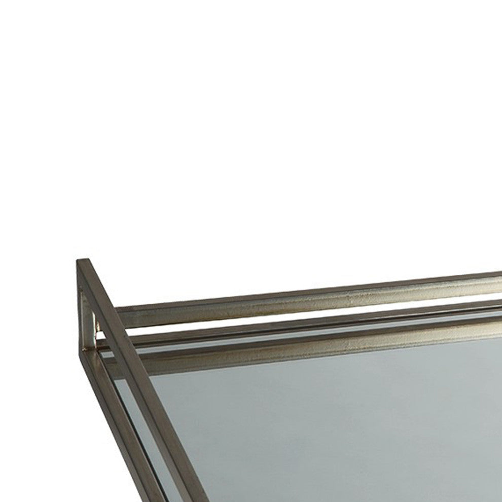 Benzara BM231913 Rectangular Metal Frame Tray With Mirrored Top, Silver