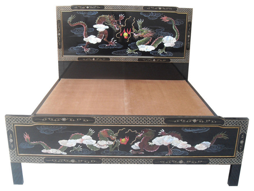 Oriental Bed, Chinese Black Lacquer Hand Painted Dragons, 64" Queen