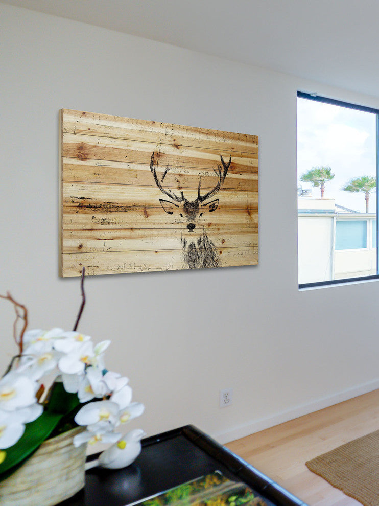 "Inquisitive Deer" Painting Print on Natural Pine Wood, 60"x40"