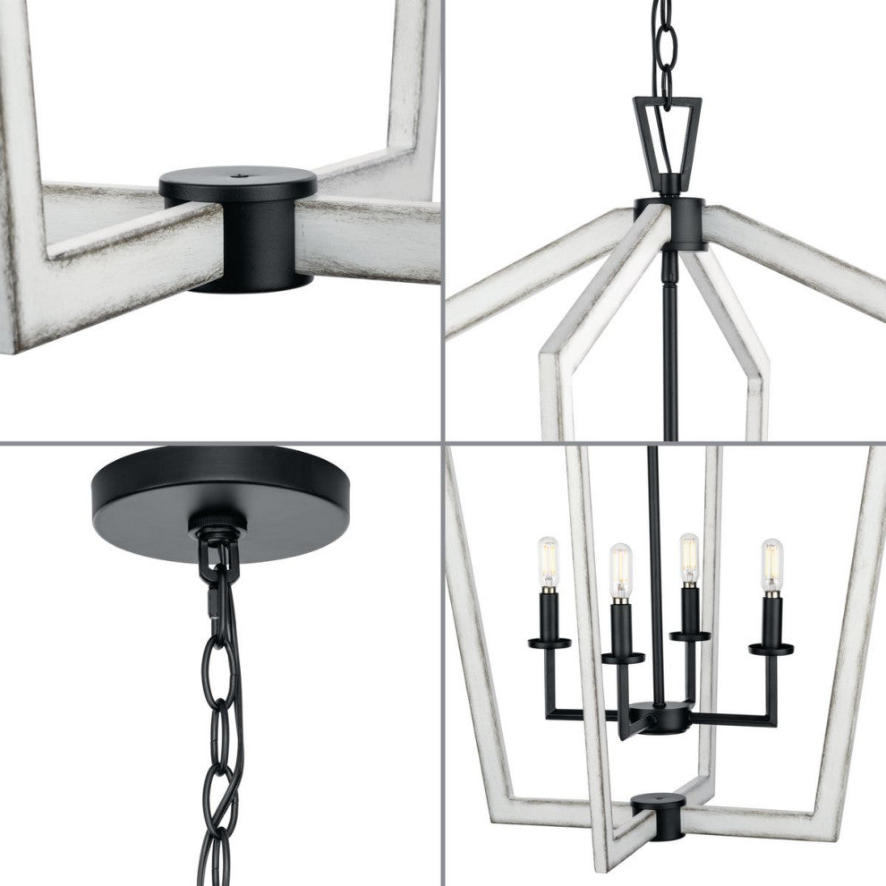 Galloway 4-Light 30" Matte Black Foyer Light With Distressed White Accents