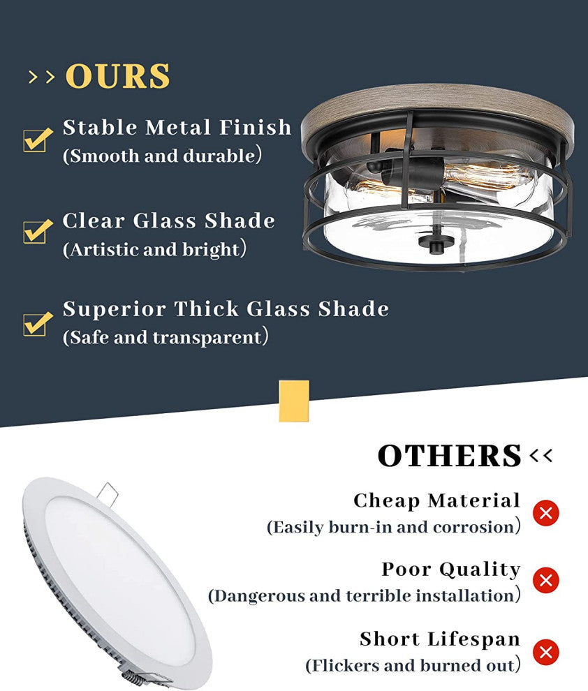 2 Light Flush Mount Ceiling Light Fixture, Farmhouse, Vintage