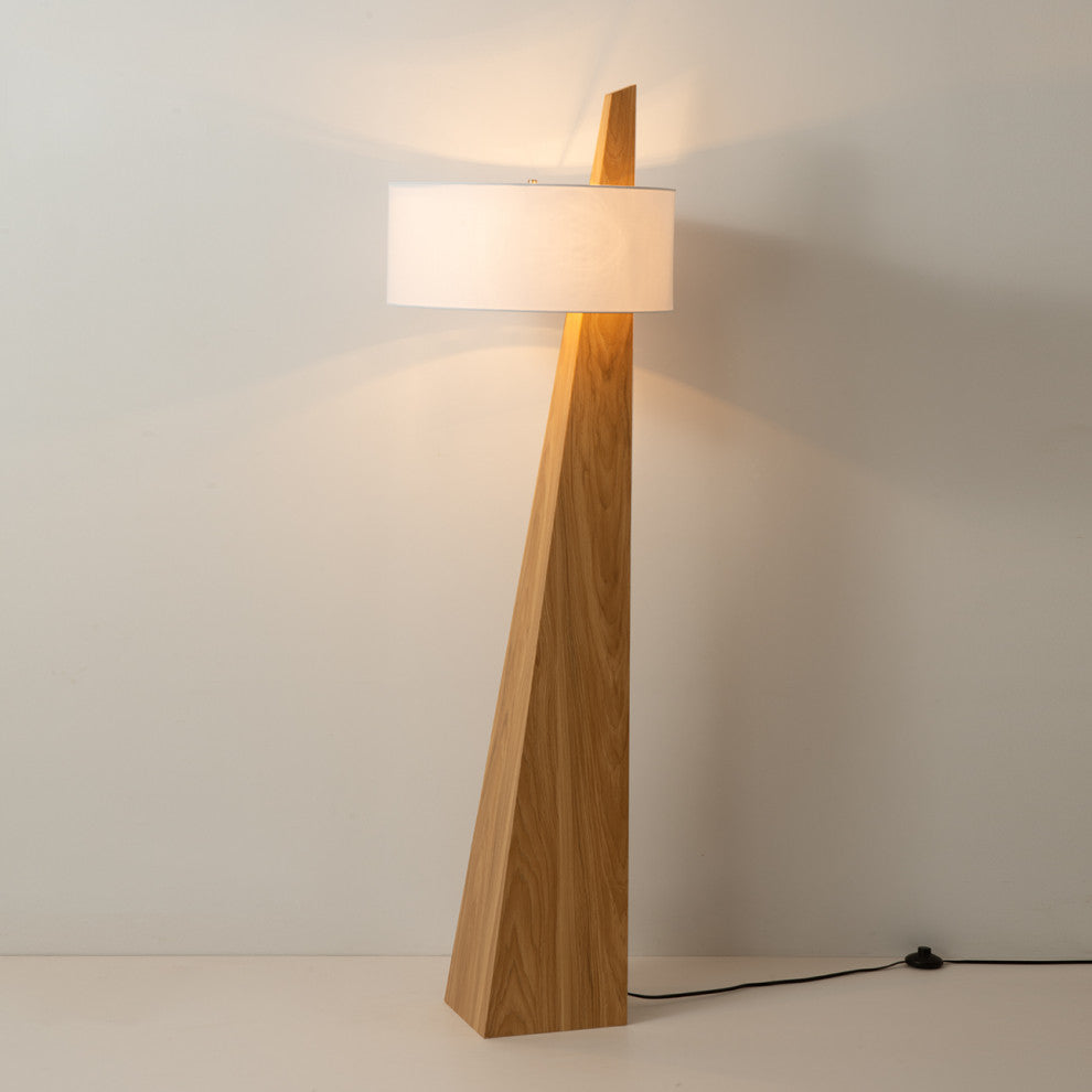 Obelisk Floor Lamp - Natural Ash Wood Finish, White Cotton-Linen Shade