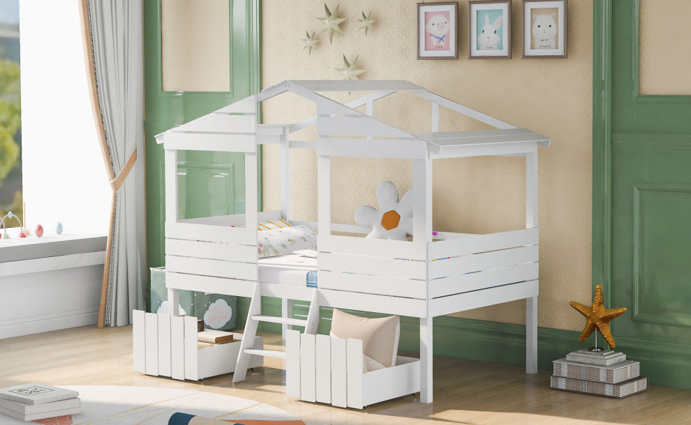 Twin Size Loft Bed With Two Drawers Windows And Roof Design White