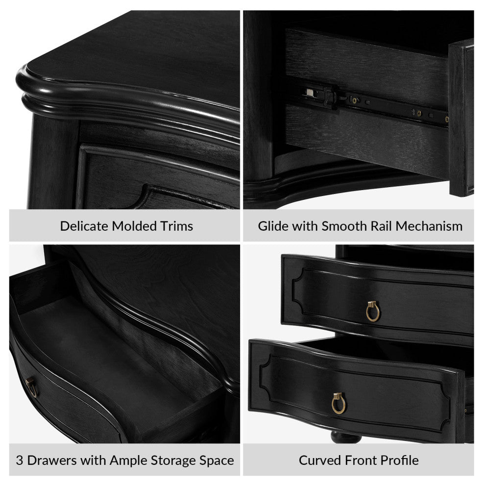 3-Drawer Nightstand With Solid Wood Legs and Built-In Outlets, Set of 2, Black