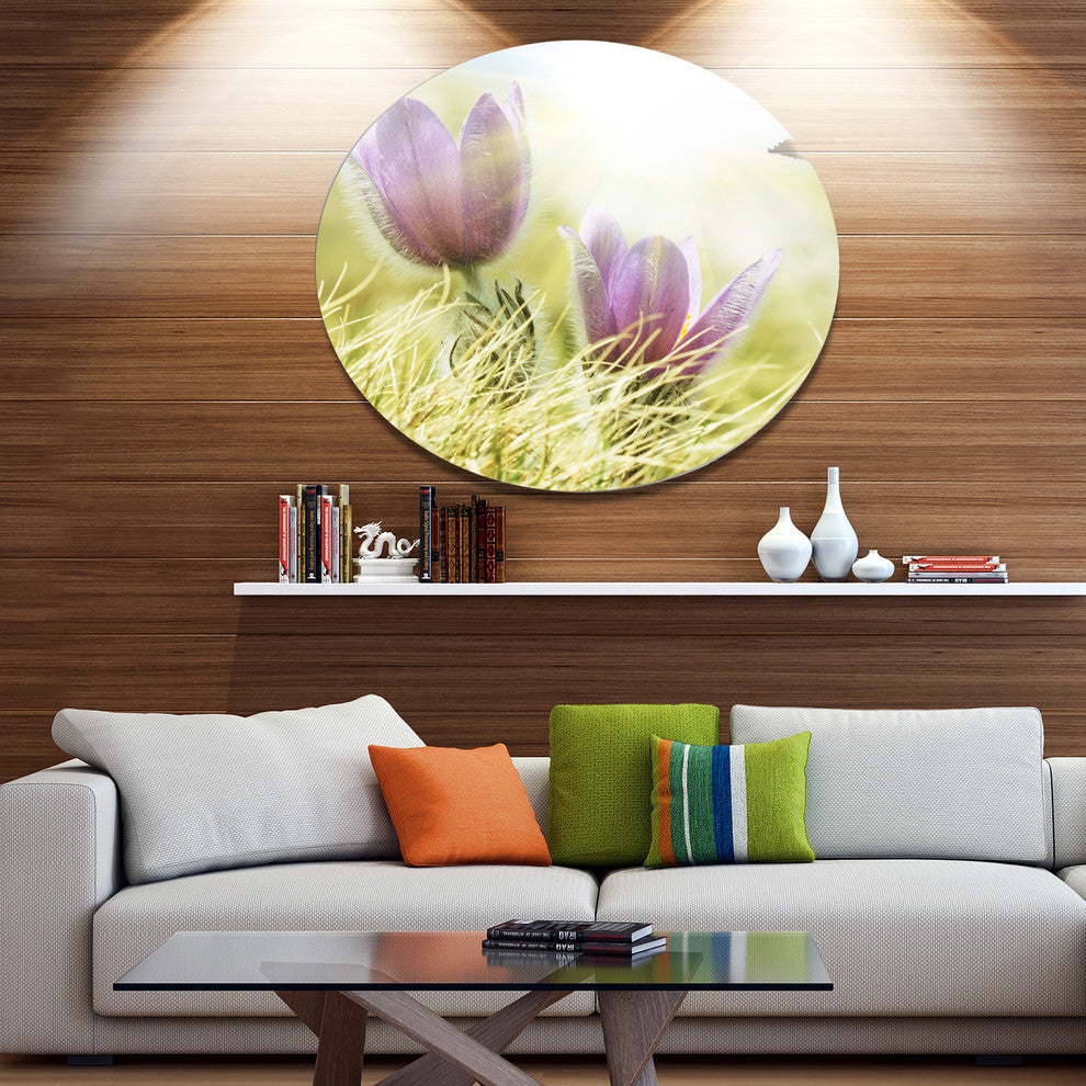 Purple Flowers In Green Grass, Modern Flower Round Wall Art, 36"