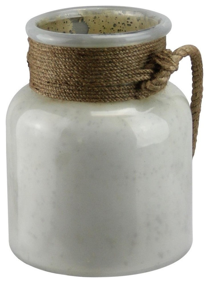 9.5" Mercury Glass Hurricane Lantern With Rope, Antique White