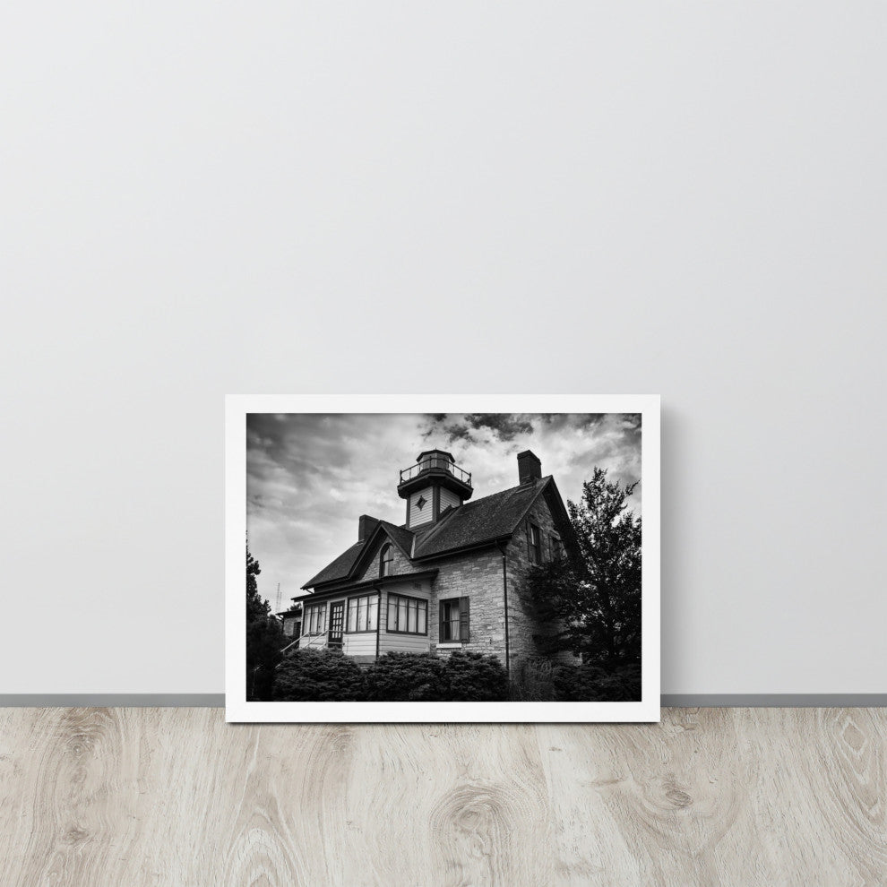 Cedar Point Lighthouse in Black and White Framed Photo Paper Wall Art Prints, White, 12" X 16"