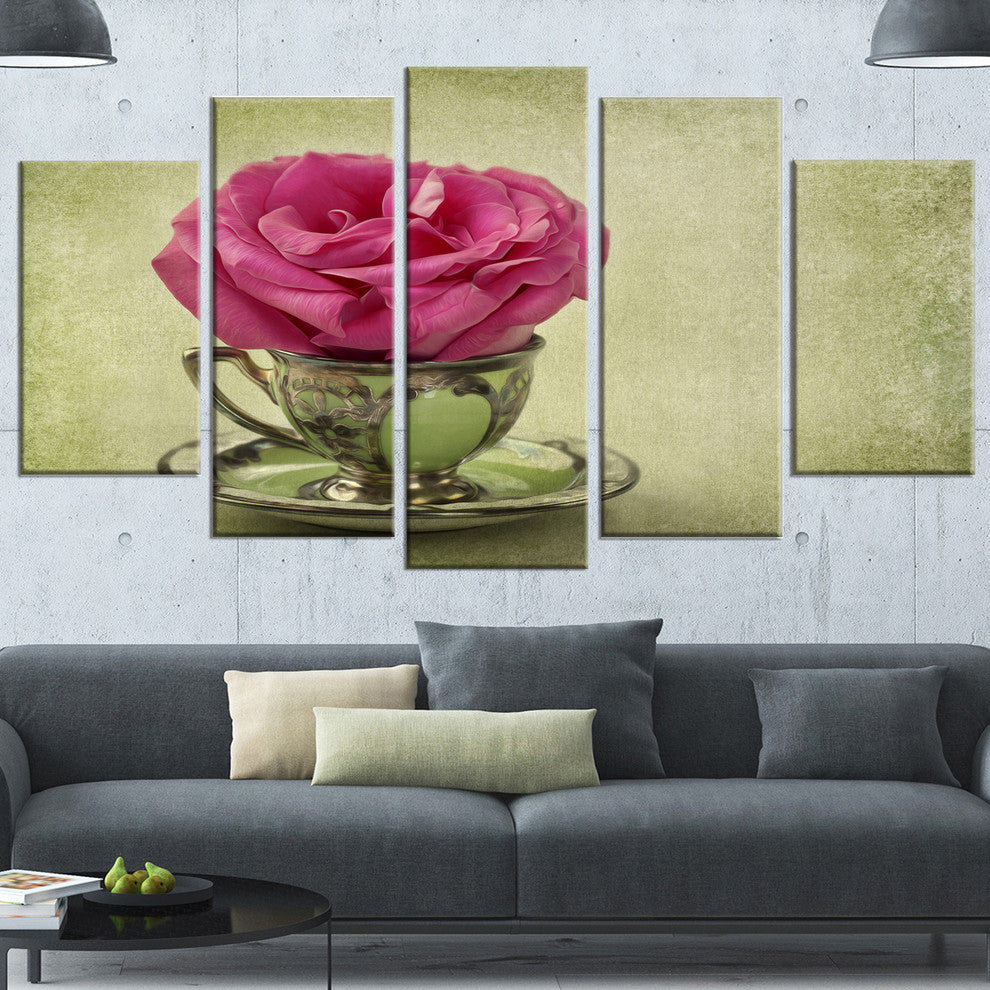 Red Rose in Cup and Saucer, Large Floral Canvas Art Print, 60"x32", 5 Panels