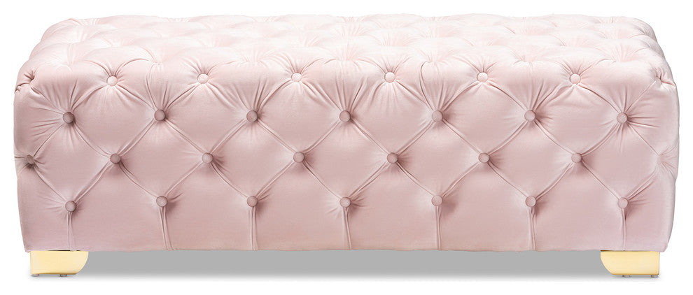 Kimberly Luxe Velvet Upholstered Gold Button Tufted Bench Ottoman, Light Pink
