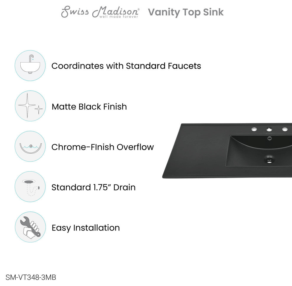 48" Ceramic Vanity Sink Top, Matte Black With 3 Holes