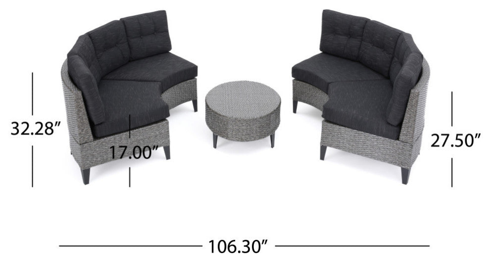 GDF Studio 5-Piece Currituck Outdoor Black Wicker Sofa, Dark Gray Set