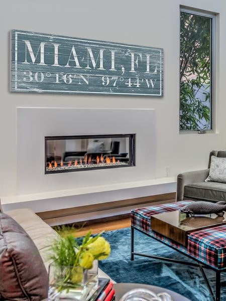 "Miami, FL" Painting Print on White Wood, 30"x10"