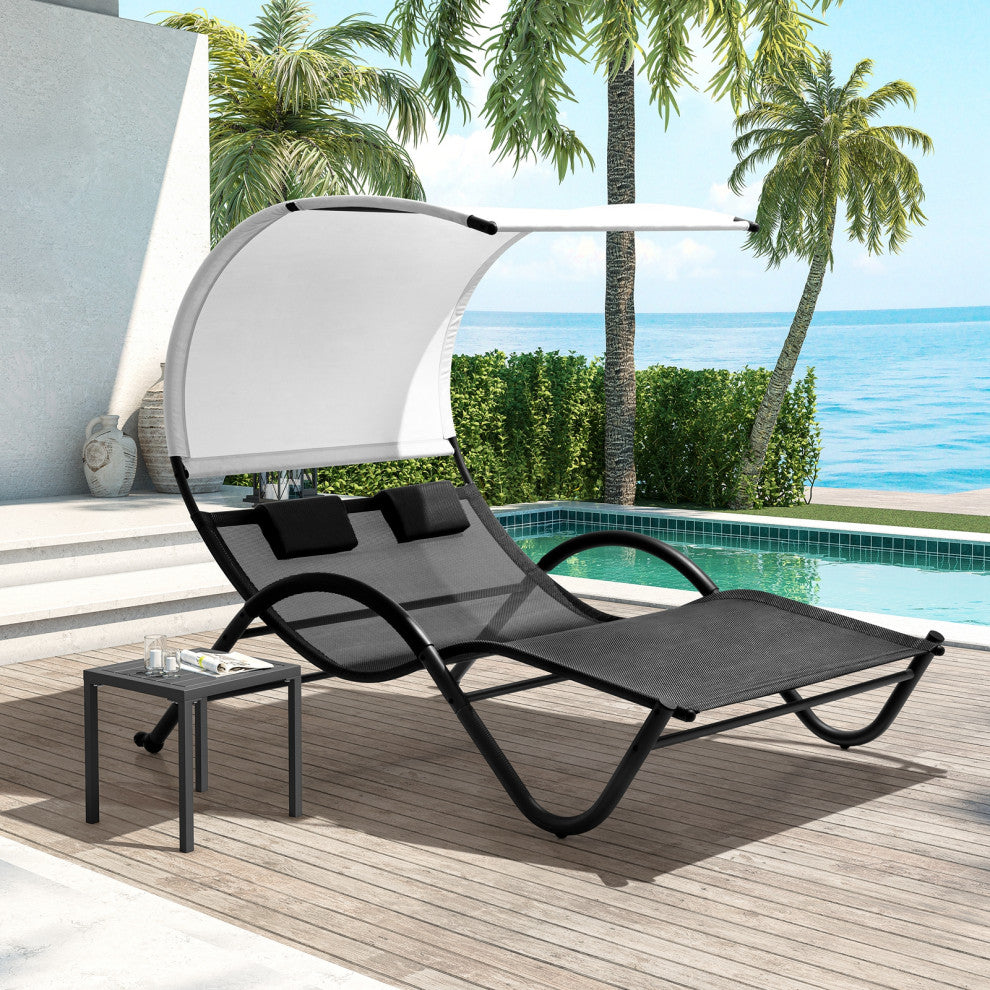 Patio Double Chaise Lounge, Outdoor Tanning Daybed Lounger, Black