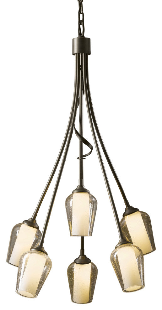 Flora 6 Arm Chandelier, Dark Smoke Finish, Opal and Seeded Glass