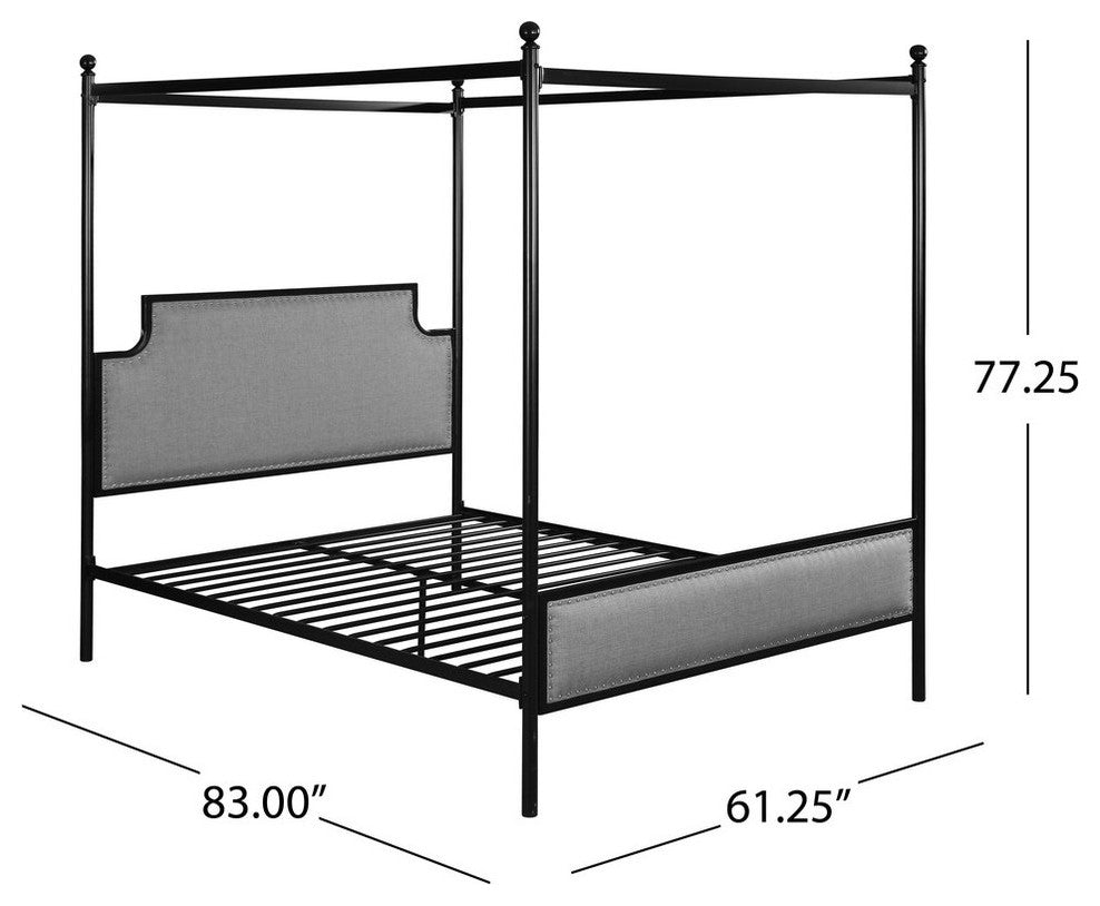Asa Queen Size Iron Canopy Bed With Upholstered Studded Headboard, Gray, Flat Bl