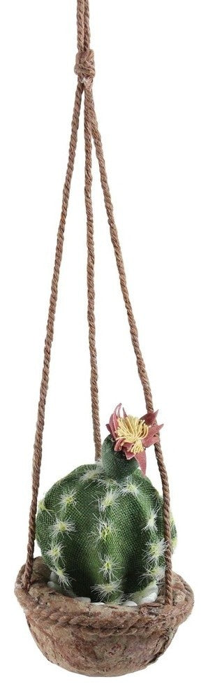 7" Green and Pink Southwestern Style Hanging Potted Cactus With Flower