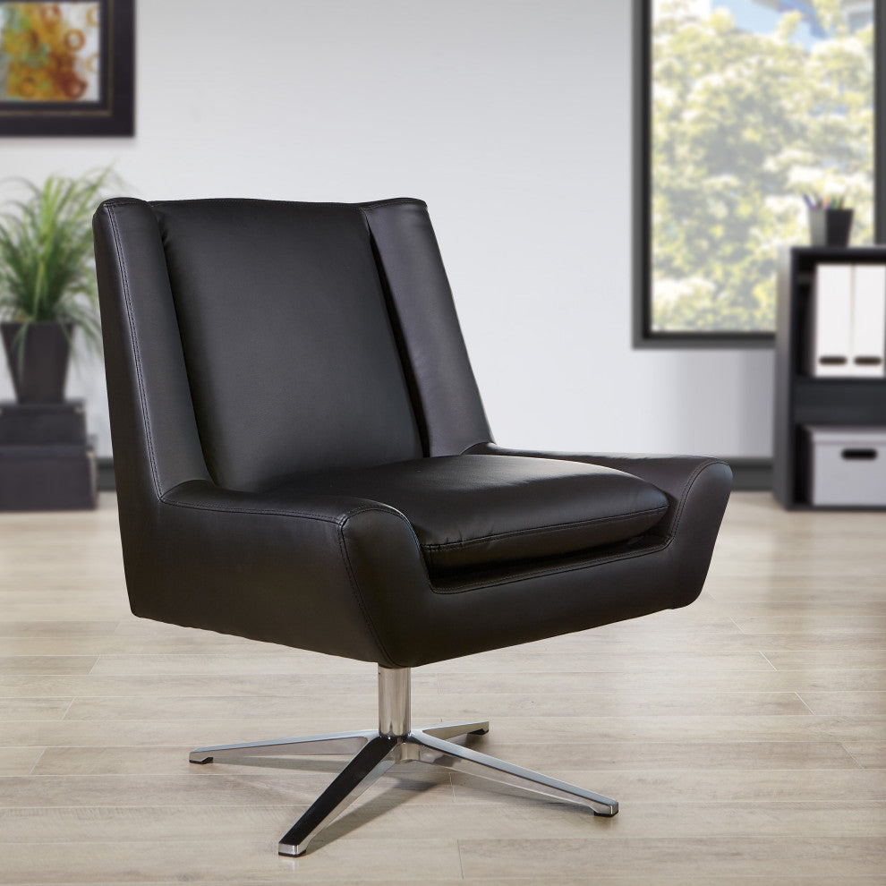 Faux Leather Guest Chair, White Faux Leather and Aluminum Base, Black
