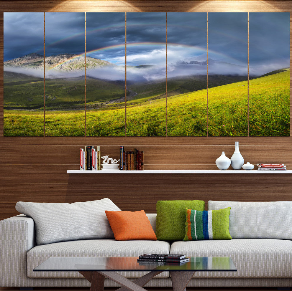 Rainbow in Mountain Valley, Landscape Canvas Art Print, 83"x32", 7 Panels