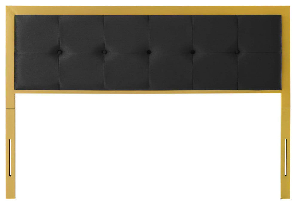Tufted Headboard, Queen Size, Velvet, Metal, Gold Black, Modern Contemporary