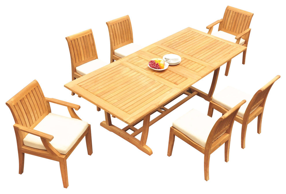 7-Piece Outdoor Teak Dining: 94" Masc Rectangle Extension Table, 6 Lagos Chairs
