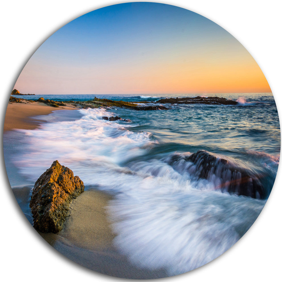 White Waves Crashing On Rocks, Seashore Disc Metal Artwork, 36"